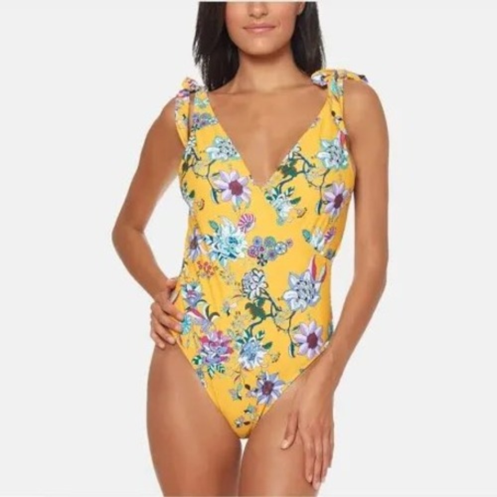 Jessica Simpson Yellow Floral Tie Shoulder One Piece Swimsuit